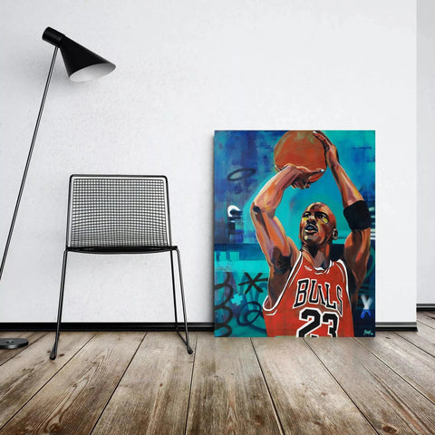 Colorful painting of a Chicago Bulls player holding a basketball over his head.