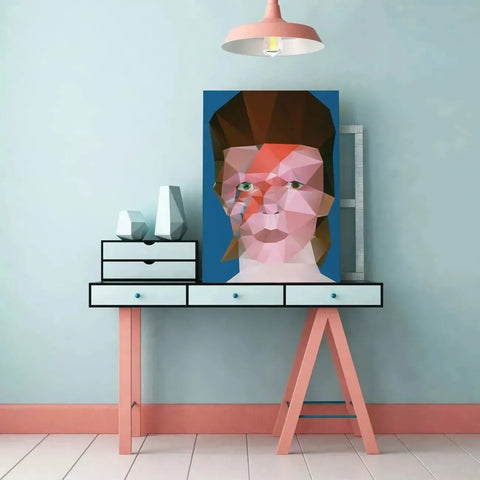 Colorful geometric portrait painting on blue background in Music collection.