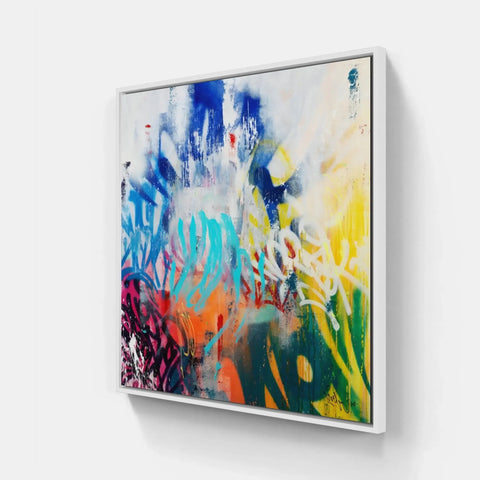 A large abstract painting on a wall