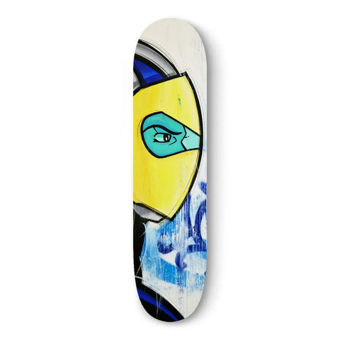 Skateboard deck featuring abstract artistic design with yellow, blue, and black elements.