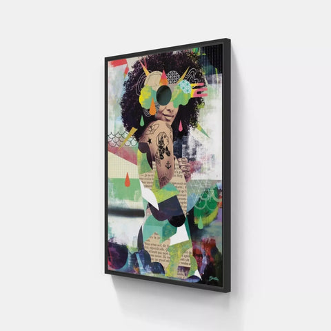 A framed print of a woman with a colorful abstract painting