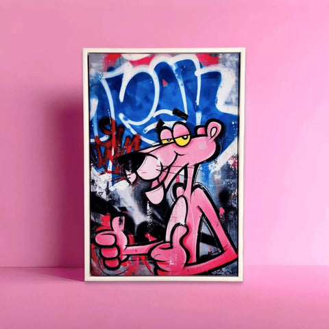 Pink panther with a cigarette in his mouth and graffiti on the wall