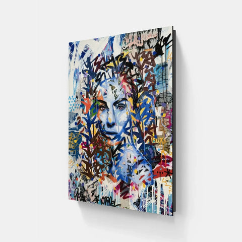 A large canvas with a colorful painting on it