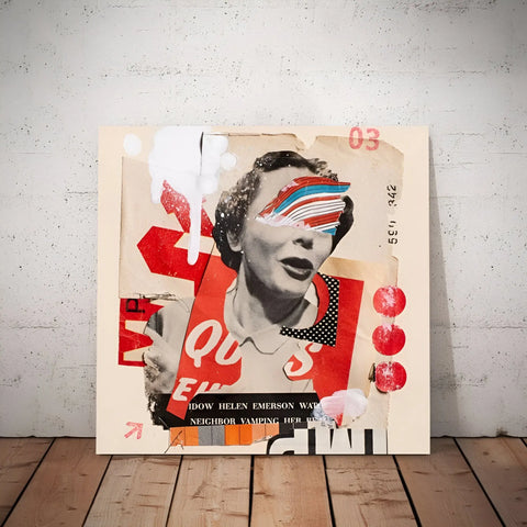 Collage-style artwork featuring a distorted portrait with vibrant red and blue elements on a canvas.