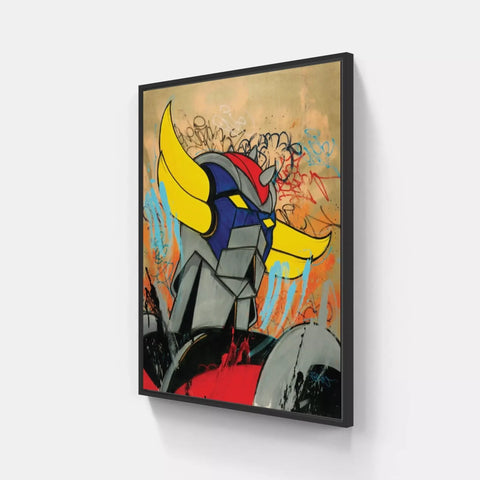 A painting on a wall with a yellow and blue abstract painting