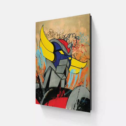 A painting of a robot with a yellow helmet on it’s head