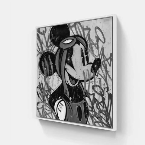 A black and white painting of a mickey mouse