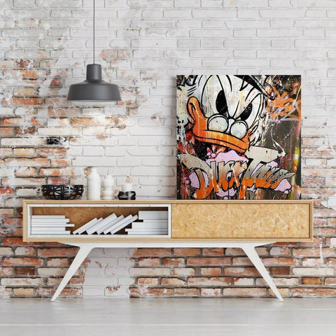 A modern console with a painting on it