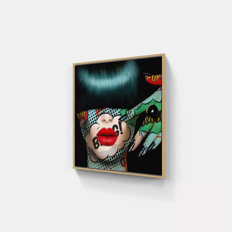 A painting of a woman with a red lipstick and a green wig