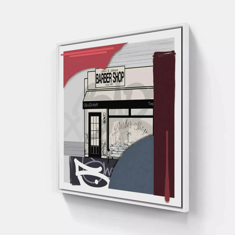 A framed print of a storefront with a red and white background