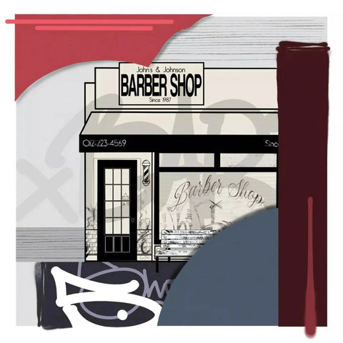 A drawing of a barber shop with a sign