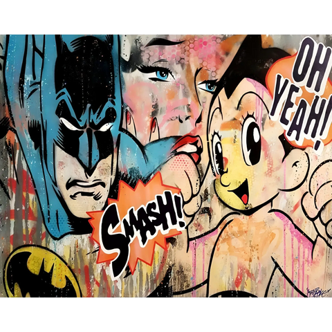 A painting of batman and batmangirls