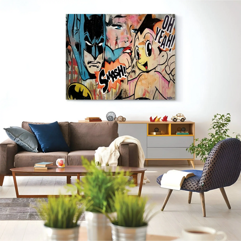 A living room with a couch and a painting on the wall