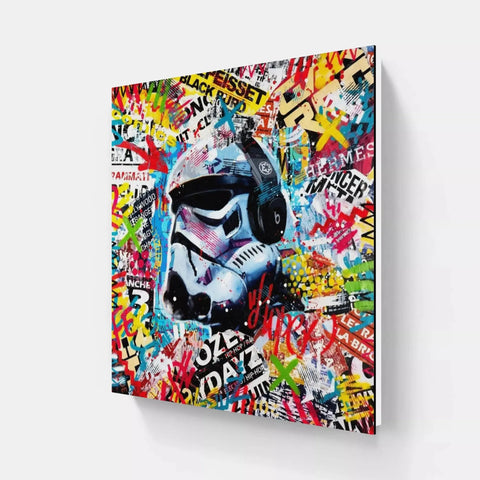 A star wars storm trooper helmet on a wall