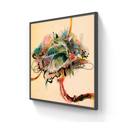 Colorful abstract painting of a bird in flight with swirling, dynamic brushstrokes and splashes of vibrant hues.