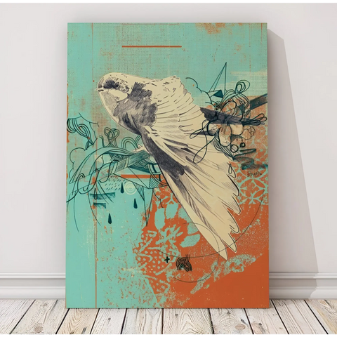 Stylized illustration of a flying bird with outstretched wings against abstract floral elements.