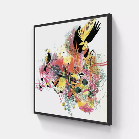 A framed print of a bird and flowers