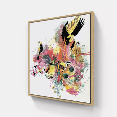 A framed print of a bird and flowers