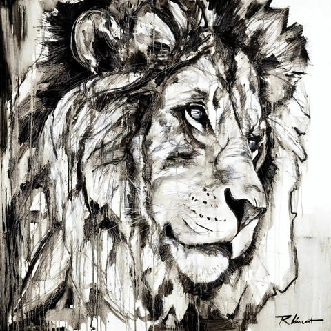 A black and white drawing of a lion