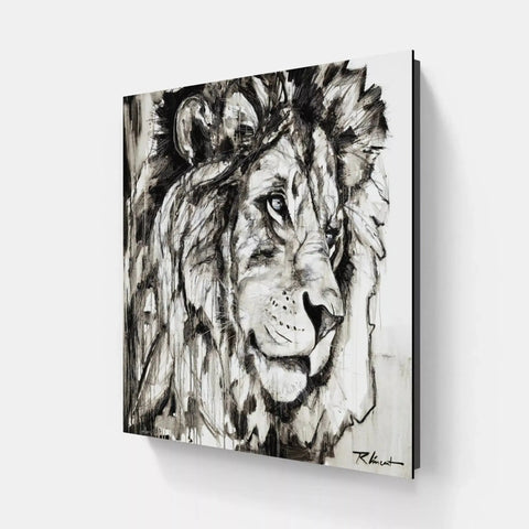 A black and white painting of a lion