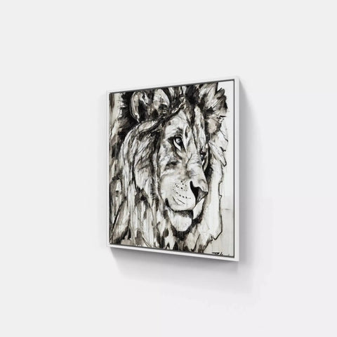 A black and white painting of a lion