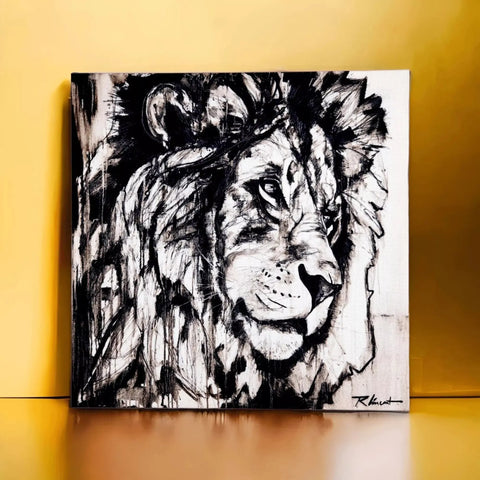 A black and white painting of a lion