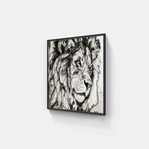 A black and white painting of a lion