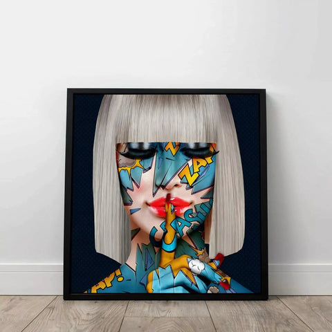 A framed painting of a woman with a red lipstick