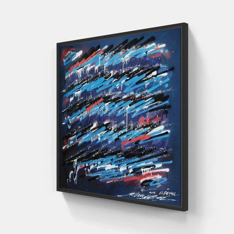 A framed painting of blue and red paint strokes