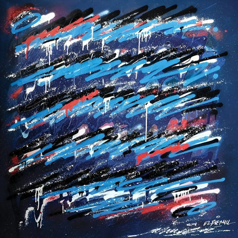 A painting of blue and red paint strokes