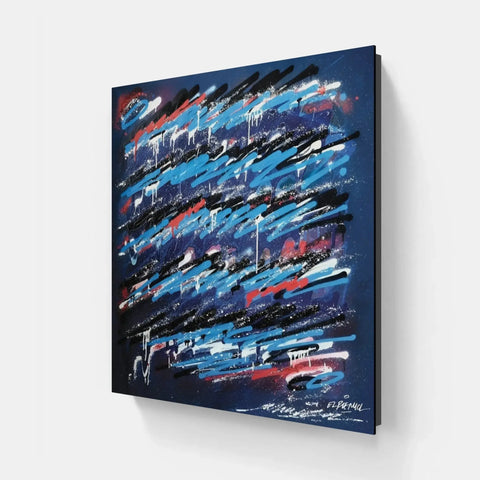 A painting of blue and red paint strokes on a black background