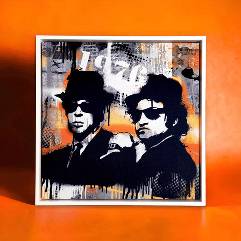 A painting of two men with a hat and sunglasses