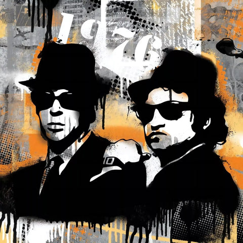 Two men in black and white with a yellow background