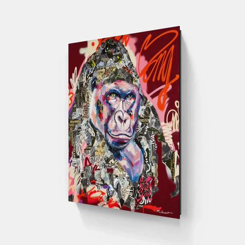 A painting of a monkey with many different things on it