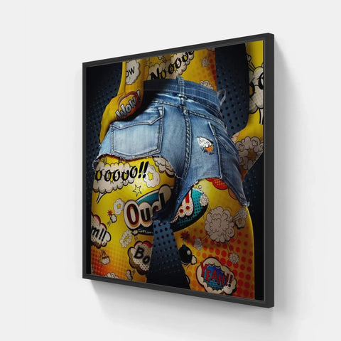 A framed canvas with a woman’s jeans and comic comics