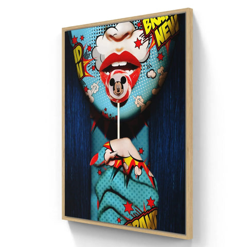 Pop art-style painting featuring bright red lips holding a Mickey Mouse lollipop.