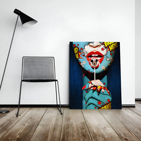 Pop art-style canvas featuring red lips, a skull, and comic book elements.