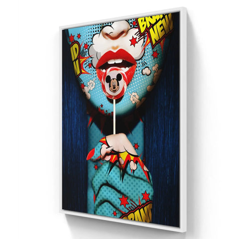 Pop art-style canvas print featuring red lips holding a Mickey Mouse lollipop.