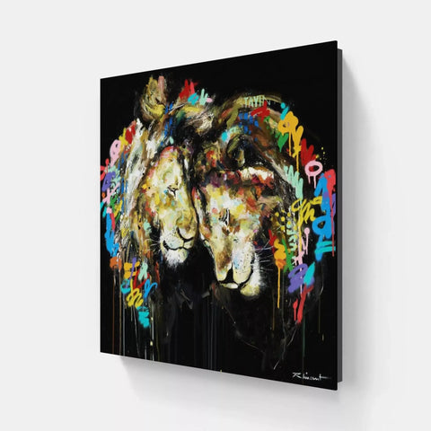 A painting of a lion with colorful paint strokes on it