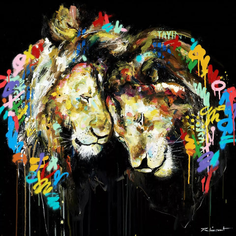 A painting of a lion with colorful paint strokes