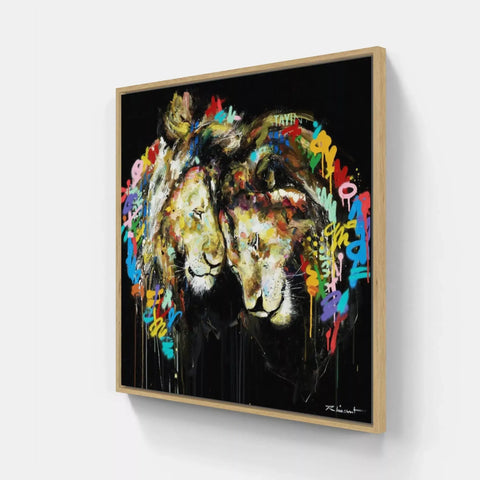 A framed canvas with a painting of a lion