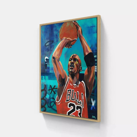 A painting of a basketball player holding a ball