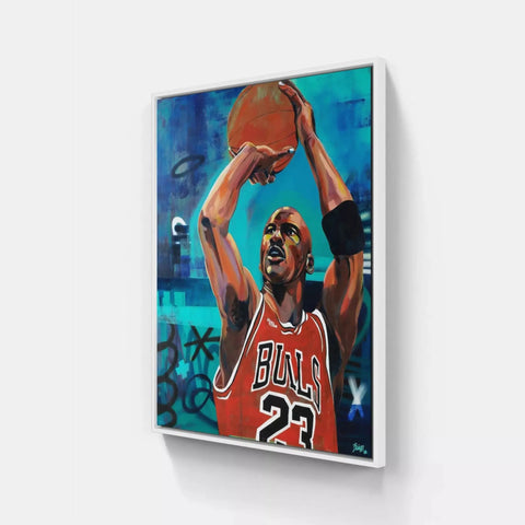 A painting of a basketball player holding a ball