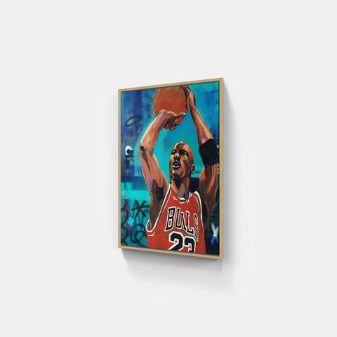 A painting of a basketball player holding a ball