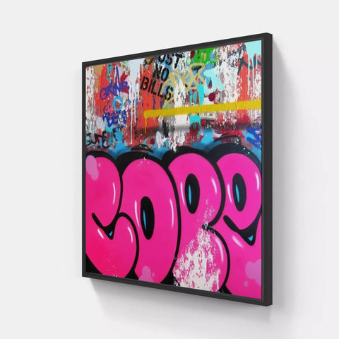 A large framed canvas with graffiti art on it