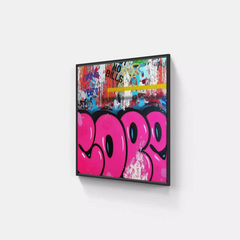 A large pink and black painting on a white wall