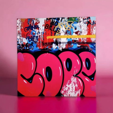 A painting of graffiti on a pink background