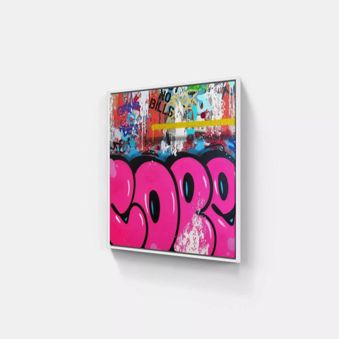 A pink and black painting on a white wall