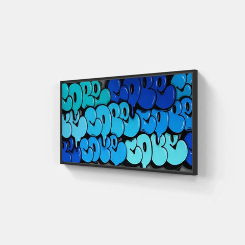 A large black and blue abstract painting on a wall