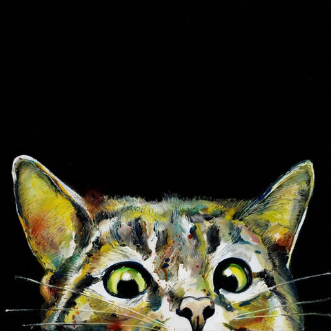 A painting of a cat with green eyes